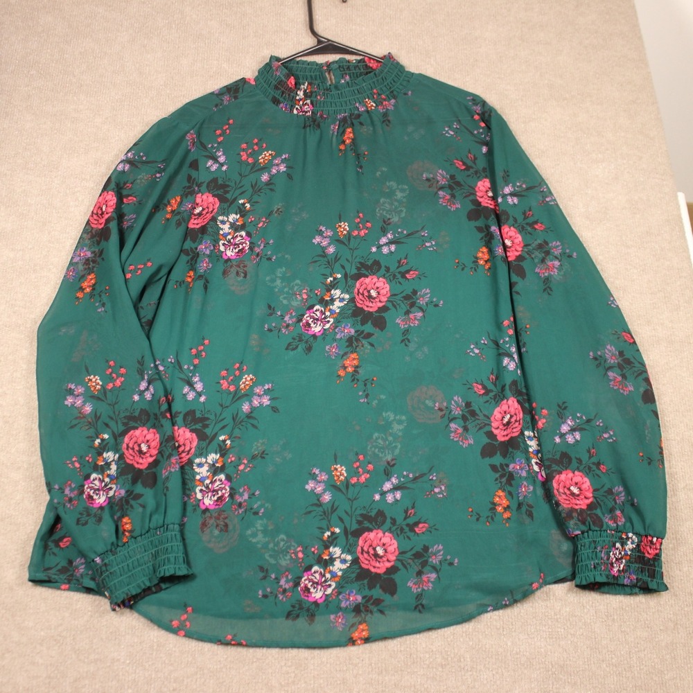 Torrid Green Floral Chiffon Smocked Mock Neck Blouse Size 0 Large XL Long Sleeve